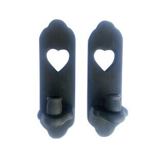 Vtg Black Country Wooden Wall Sconces w/ Heart Cutouts Candle Holder Farmhouse